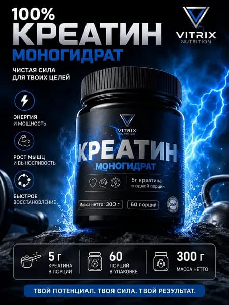 Креатин моногидрат порошок Vitrix Nutrition для набора мышечной массы и выносливости, 300 грамм, без вкуса, Creatine monohydrate