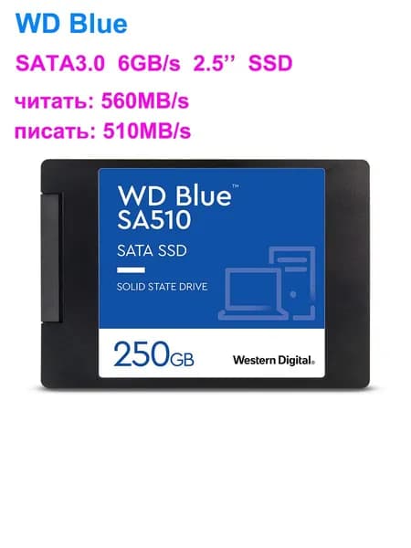 Western Digital Ноутбук, SSD 250 ГБ, (WD Blue SA510 250GB SSD SATA ), лазурный