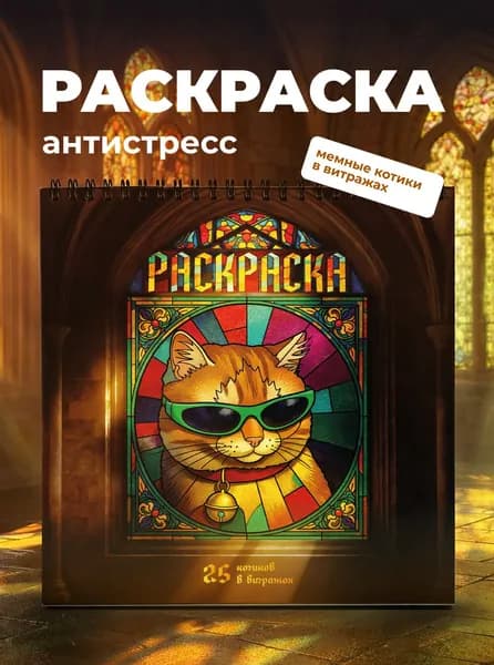 Раскраска-антистресс "Мемные котики в витражах" 25 листов Лисса принт квадратная на пружине