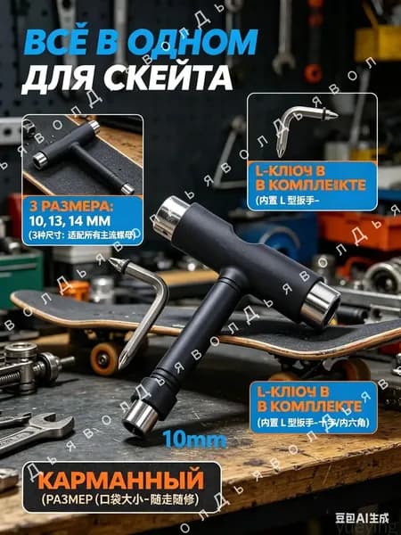 Премиум универсальный Тобразный мультитул для скейтборда, лонгборда и пенниборда, которым производится настройка подвески и замена колес на 10/13/14 мм, является качественным инструментом.