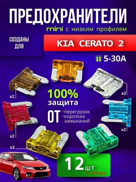 Предохранители для КИА Церато 2 (KIA Cerato 2) / автомобильный набор Мини с низким профилем, 12 штук с пинцетом / флажковые 5-30 А