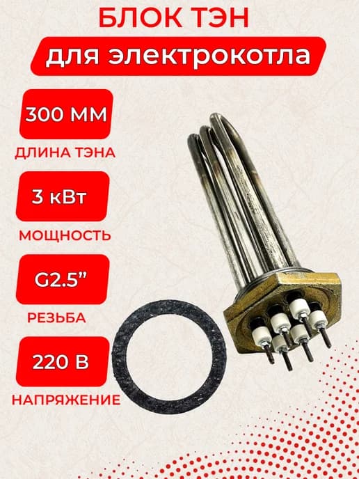Блок ТЭН G2,5" 3,0кВт. 3хТЭН54В12 1,0 J 220, L=30см (ЭТ)