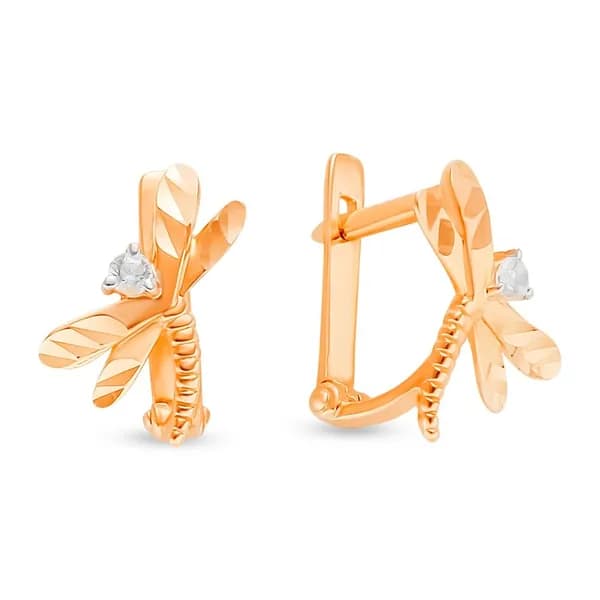 Серьги Стрекоза детские с фианитами из красного золота 585 пробы 585GOLD