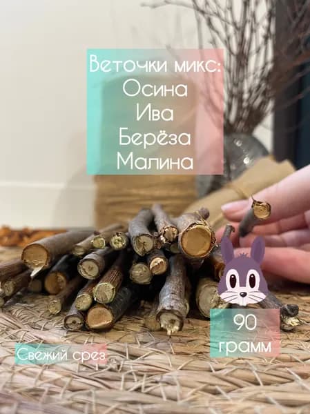 Веточки для грызунов из микс-веток Осины, ива, малина, береза, лакомство для грызунов, 90 гр