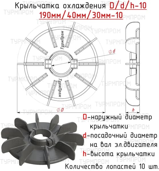 Крыльчатка охлаждения электродвигателя D190 d40