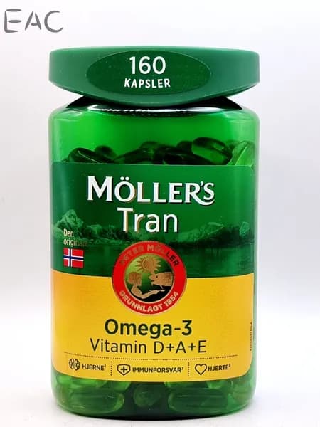 Moller Tran Omega-3 DHA и EPA, витамины D +A+E. 160 капсул (Норвегия)