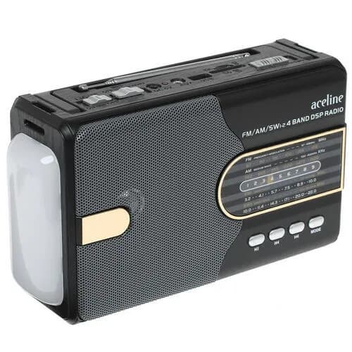 Радиоприемник со встроенным LED-фонарем Aceline AR550 черный, FM/AM/SW1-2, USB/SD/microSD/AUX, встроенный LED-фонарь, телескопическая антенна, питание от сети, аккумулятора и батареек, 220x70x130 мм