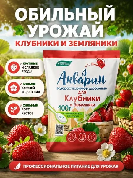 Акварин удобрения для сада и огорода, для клубники и земляники 0,1 кг, водорастворимое, с микроэлементами, для полива и опрыскивания, для ягод