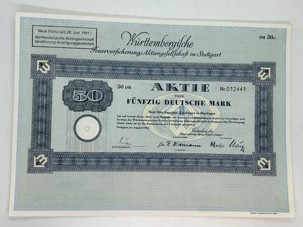 Акция Германия. Страховая компания, г. Штутгарт, 50 марок 1966 год. №10