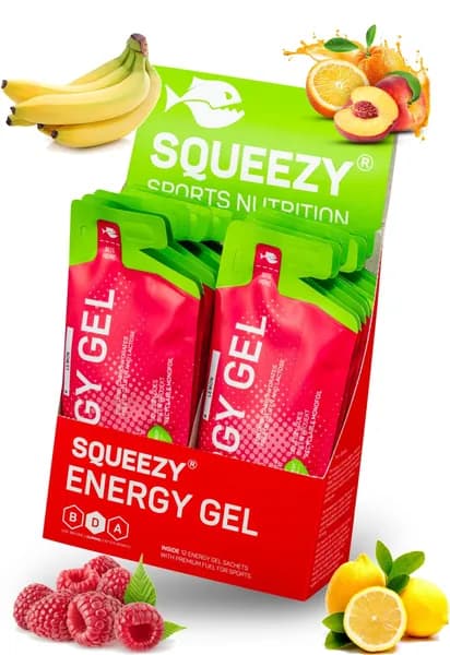 Энергетический гель с электролитами SQUEEZY, 12 шт., ассорти (банан, лимон, малина, персик-апельсин)