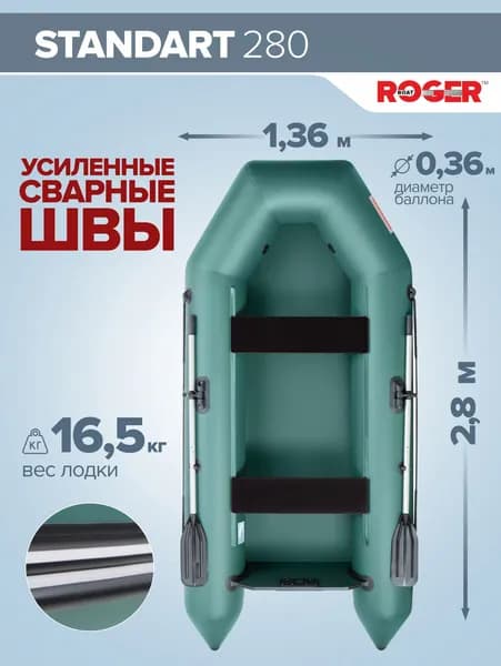 Лодка надувная для рыбалки ПВХ под мотор ROGER Standart 280, с привальным брусом (зеленый)