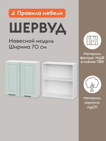 Кухонный модуль навесной, шкаф Шервуд с доводчиками, с полками, 70х29.6х72 см, Белый / Деним голубой
