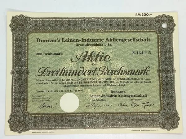 Акция Германия. Компания Дункан, производство льна, 300 Рейхсмарок 1929 №71