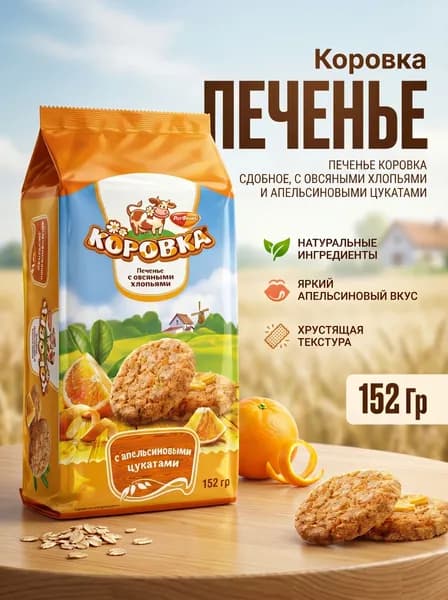 Печенье сдобное Коровка с овсяными хлопьями и апельсиновыми цукатами, 152 гр