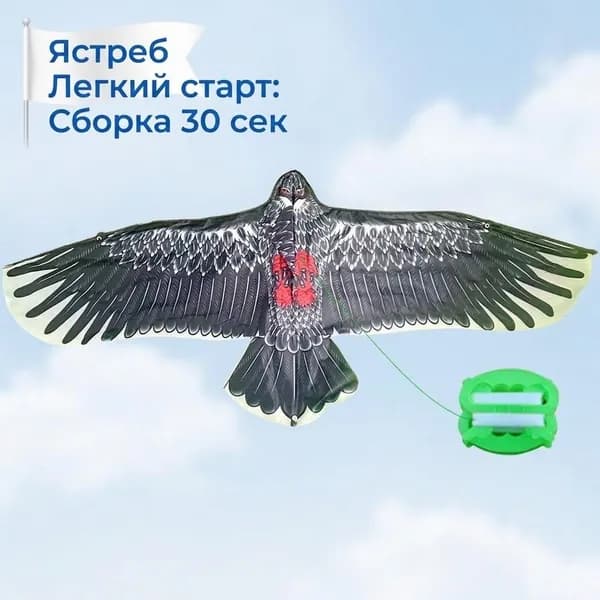 Воздушный змей Орел 110 см с катушкой и леской 30 м для игр и отпугивания птиц