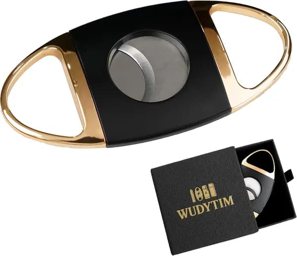 Нож для сигар Wudytim из нержавеющей стали с подарочной коробкой, двойное лезвие точного и идеального среза (черно-золотой)
