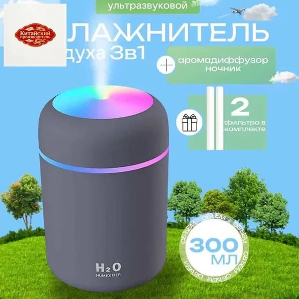 Увлажнитель воздуха мини с подсветкой, в комплекте с фильтром, для дома, для новорожденных, для автомобиля, для цветов, серый