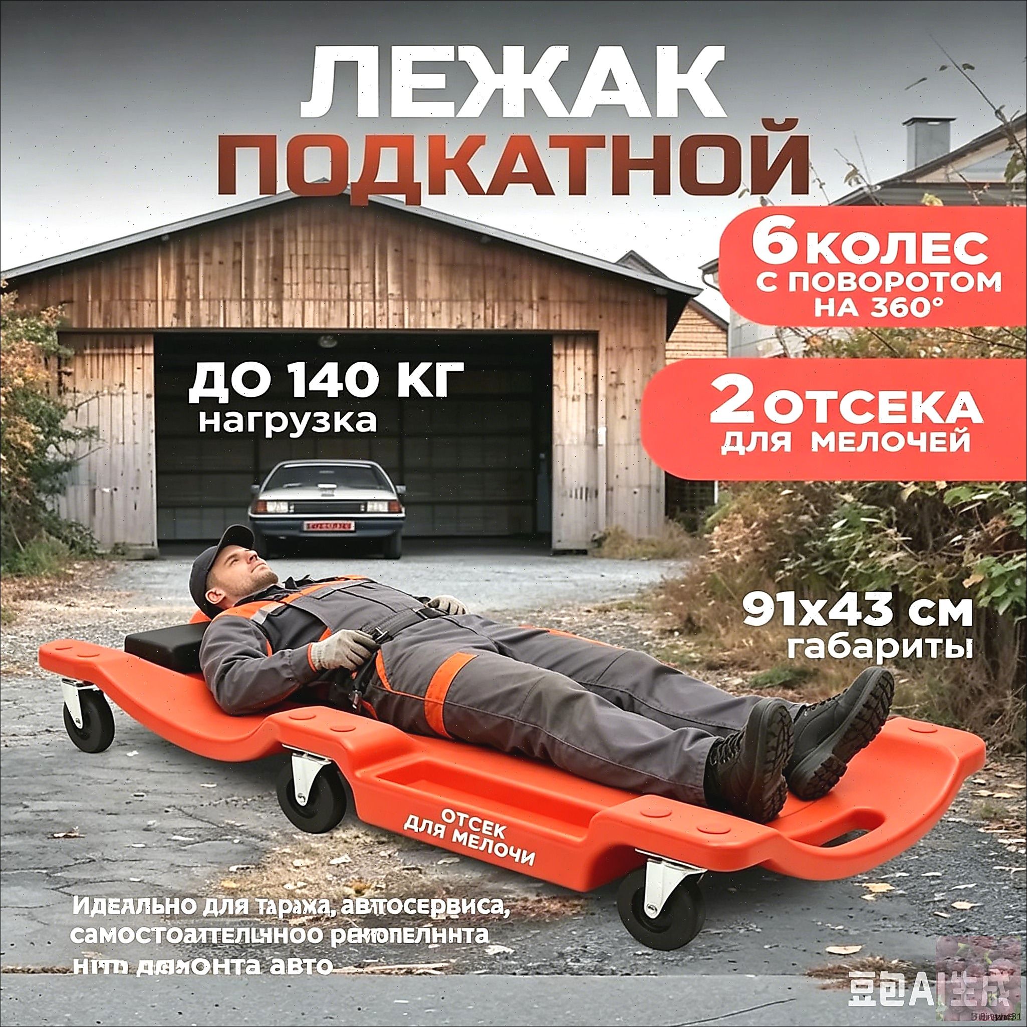 Подкатной пластиковый лежак для ремонта автомобиля оранжевый удобный