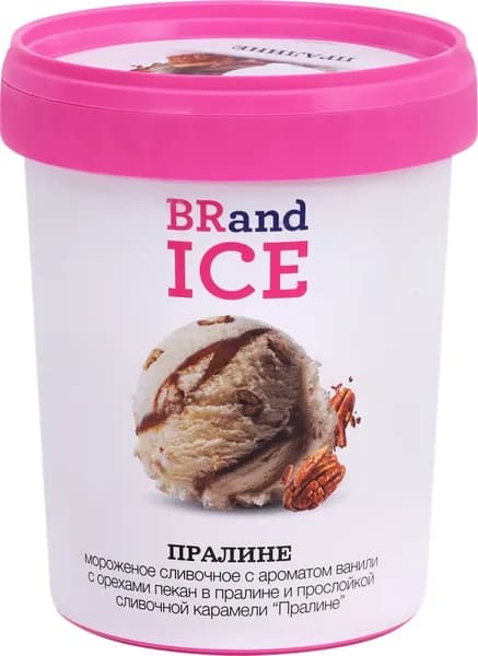 Мороженое BRAND ICE Пралине, сливочное с ароматом ванили и орехом пекан 12%, без змж, пластиковый стакан, 500г