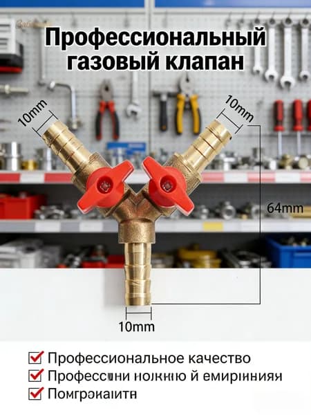 Тройник газовый латунный разветвитель с краном штуцер переходник для гибкого шланга газовой плиты котла баллона