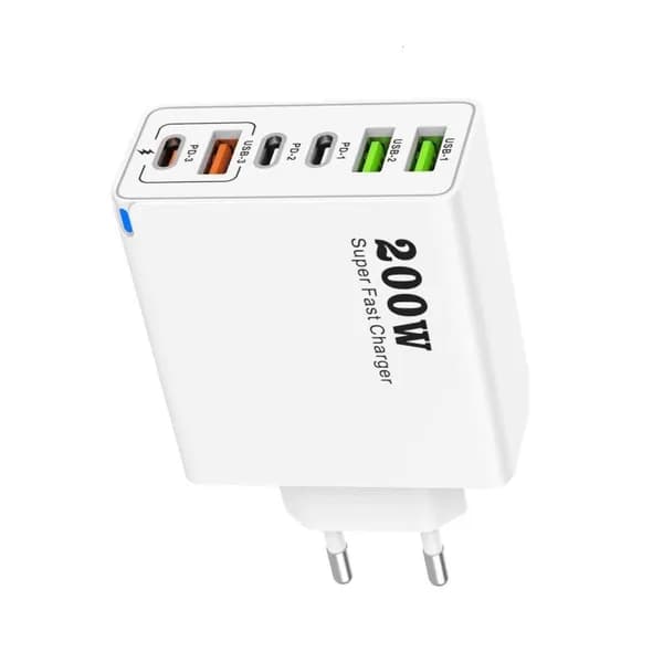 200W GaNs Быстрое зарядное устройство 3 USB Type C порт для эффективной зарядки нескольких устройств, Белый - EU