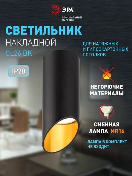 Спот потолочный ЭРА OL26 BK под лампу MR16/GU10, черный / Светильник накладной в спальню, прихожую, на кухню