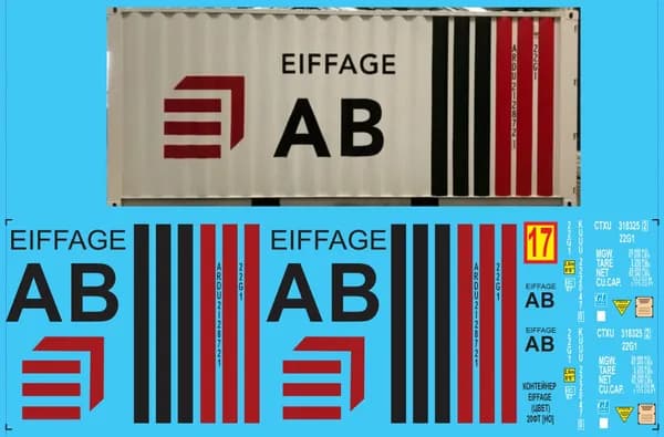 2Д-декаль Контейнер AB EIFFAGE, 20фт, Тёмное лого на светлый корпус; M1/87, Эпоха IV, V.Блок№17