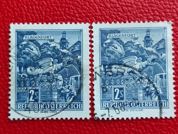Марки Австрия 1968. Разновидности - разные цвета. Серия: "Фонтан с виверной, Клагенфурт"-памятники архитектуры в Австрии. Гашение - См фото