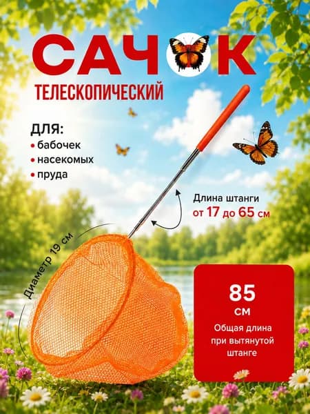 Сачок детский 37-85см раздвижной для ловли бабочек или рыбок, для насекомых, телескопический, сачок для бассейна