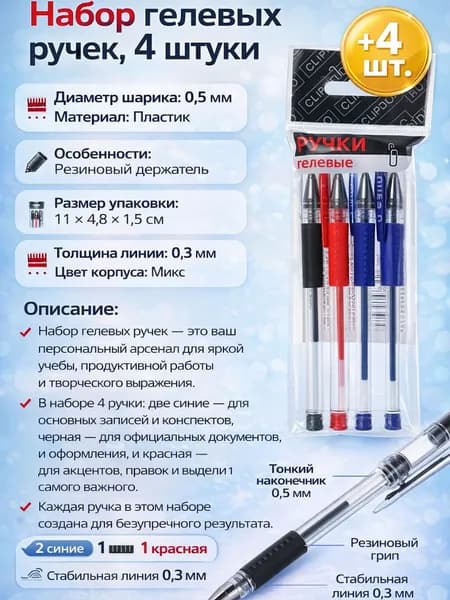 Набор гелевых ручек. 4 штуки. 0,5 мм. (Прозр. корпус, Резин. держатель)