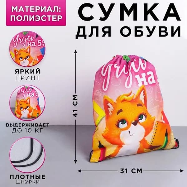 Сумка мешок для сменной обуви "Учусь на 5" из полиэстера размер 41х31 см