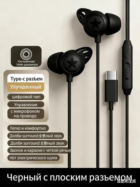 Наушники проводные с микрофоном, USB Type-C, черный