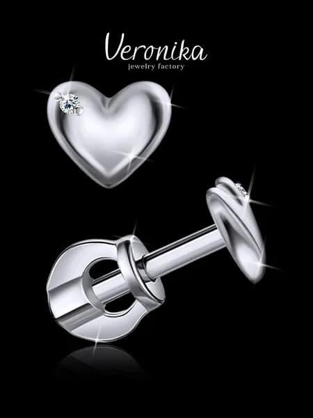 Серьги пусеты серебро 925 пробы гвоздики Сердце с фианитом Veronika jewelry factory