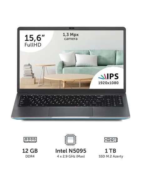 Azerty RB-1559 Ноутбук 15.6", Intel Celeron N5095, RAM 12 ГБ, SSD 1024 ГБ, Intel UHD Graphics, Windows Pro, светло-серый, Русская раскладка