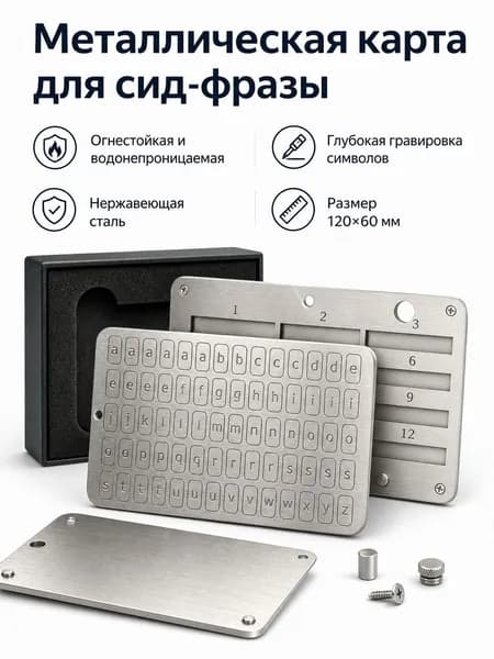 Металлическая карта для хранения криптосид-фраз, огнестойкая, водонепроницаемая