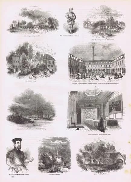 Старая Англия 233. Томас Грешем и его биржа в Лондоне, старинные мельницы, Зал гильдии парикмахеров-хирургов, мосты. Антикварная гравюра (ксилография). Англия, 1864 год