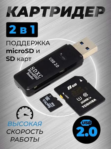 Картридер USB 2.0 универсальный (SD и MicroSD) для ПК и ноутбука