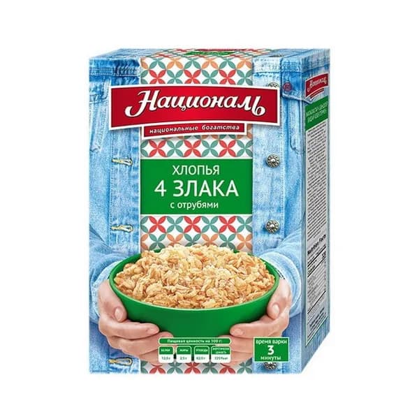 Националь Хлопья 4 злака мелкие 400г, 12 уп