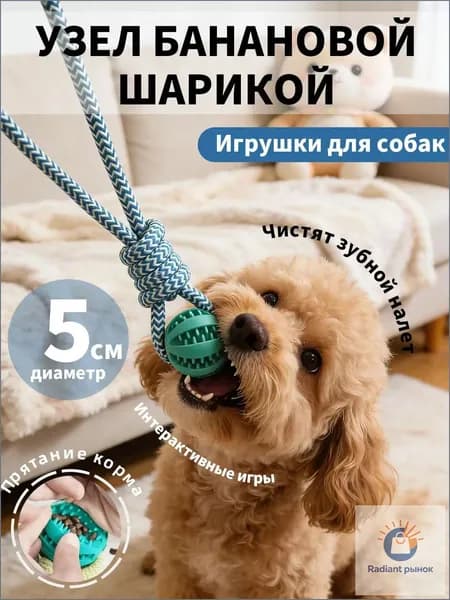 Игрушка-мяч для собак с канатом и отсеком для лакомства, жевательная развивающая, прочная, мелкие и средние породы, дрессировка