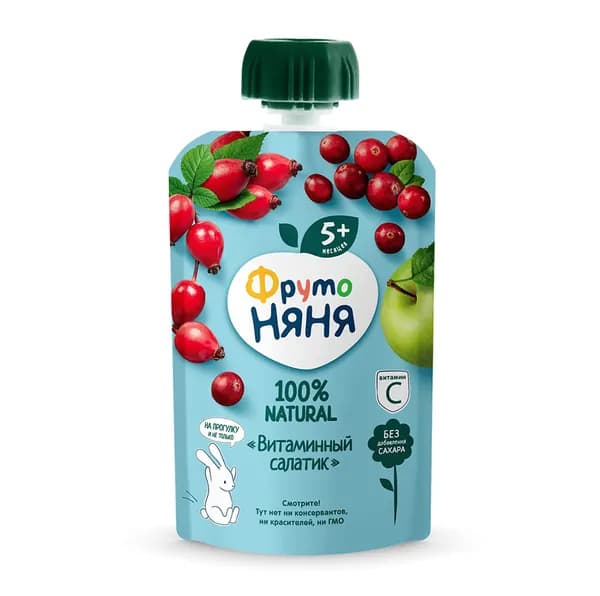 Пюре фруктовое Яблоко, шиповник, клюква , ФрутоНяня , 90 г, Россия