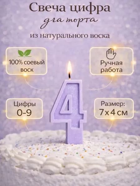Свеча для торта Цифра "4", с шиммером, цвет сиреневый