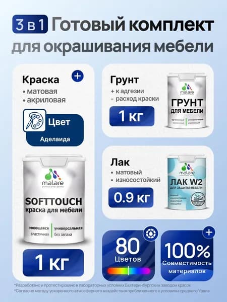 Комплект Malare SoftTouch для окрашивания мебели (1кг грунт + 1 кг краска + 0.9кг лак), акриловый, без запаха, быстросохнущий, матовый, цвет аделаида