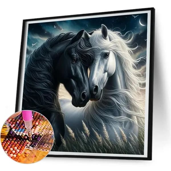 Диамантная картина Чёрный и белый конь 30 30 см, 5D, из смолы