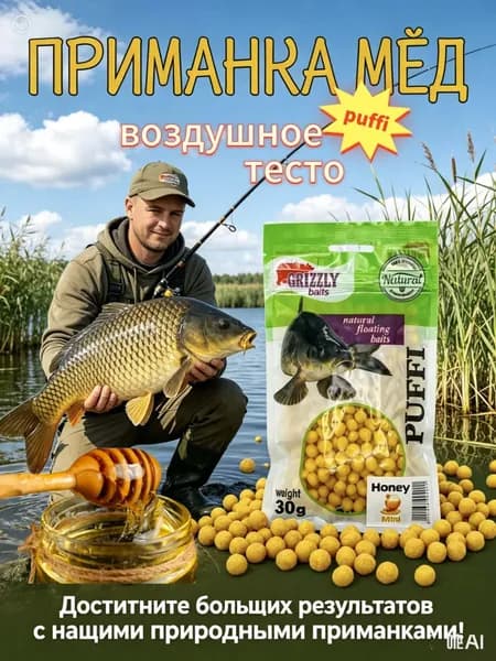 Воздушное тесто "PUFFI " для рыбалки,Мёд (6-8mm), 30гр протеиновая насадка, гранулы на крючок, лёгкая приманка