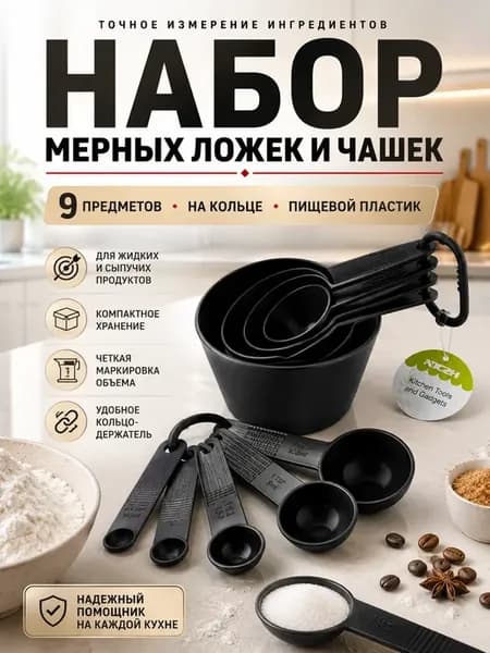 Набор мерных ложек и чашек 9 предметов на кольце черный