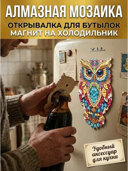 Алмазная мозаика: открывалка для бутылок в форме совы с мандалой, с магнитом, наклейка на холодильник, практичный декор для дома