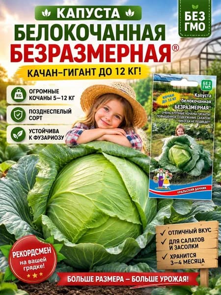 Капуста белокочанная Безразмерная семена, качан-гигант до 12 кг позднеспелая