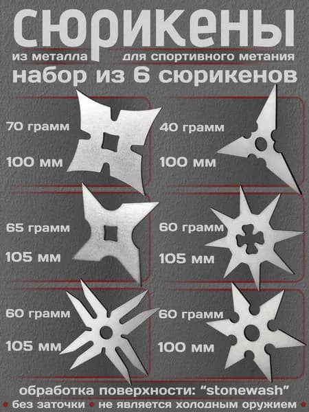 Сюрикены тренировочные металлические. Набор из 6 штук. Stonewash