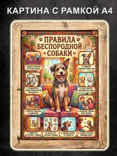 Картина Правила Беспородной собаки, постер в рамке, А4