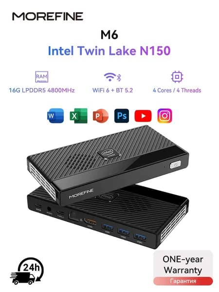 MOREFINE Мини-ПК M6 N150 (Intel N150, RAM 16 ГБ, SSD 512 ГБ, Intel UHD Graphics, Windows 11 Pro), M6 N150, черный